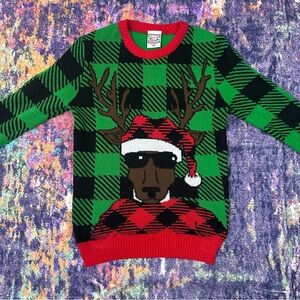 Green and Black Plaid Reindeer Christmas Sweater Medium